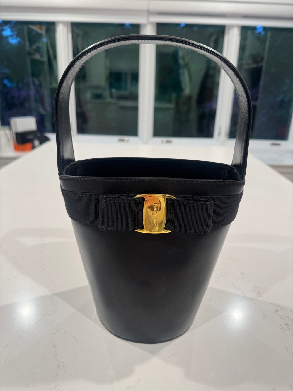 Salvatore Ferragamo Black Leather Vara Bow Bucket Bag with Gold Hardware